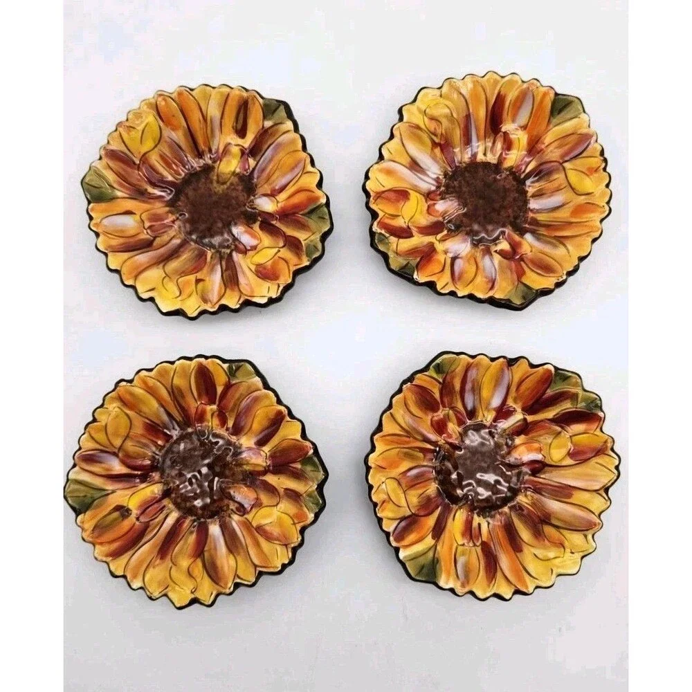 4 Clay Art Tuscan Yellow Sunflower Hand Painted Small Trinket/Snack Plates 3.5